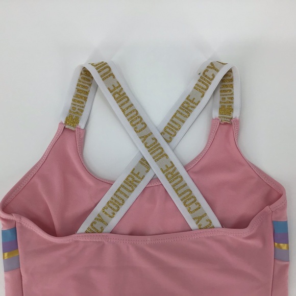 Juicy Couture Girl's NWT Pink One Piece Logo Gold Cross Strap Swimsuit, 14/16 - Picture 7 of 14